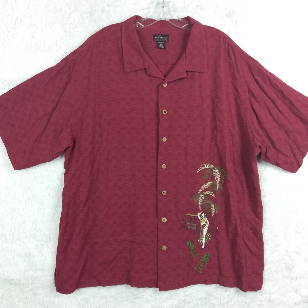 Red Macaw Mens Shirt Tropical Hawaiian‎ Red Textured Short Sleeve Button Up XXL